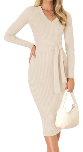 ZESICA Women's 2024 Fall Sweater Dress V Neck Long Sleeve Ribbed Knit Tie Waist Slim Fit Bodycon Midi Dresses,Apricot,Small