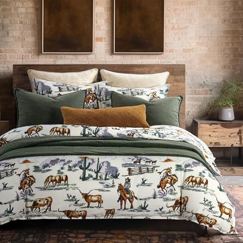 Paseo Road Ranch Life Western Bedding, 3 Piece King Size Cotton Duvet Cover Set, Green Longhorn Horse Cow Cowboy Bedding Print, Soft Cozy Rustic Southwestern Bed Set with Pillow Shams