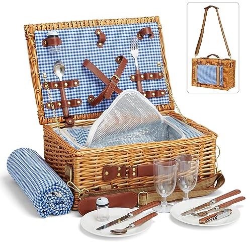 DHAEE Juego de picnic de mimbre para 2 personas con compartimento enfriador y manta impermeable, correa extraíble, cubiertos, camping, viajes, playa
