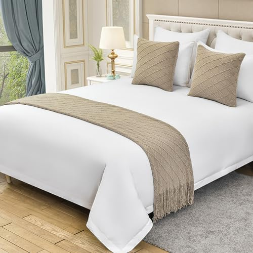 QRGMKL Einfarbig gestrickter Bettläufer Tagesdecke Diamantmuster Bettschal Luxus Decke Bettwäsche Dekor Premium Sofa Handtücher für Schlafzimmer und Hotel-Khaki||260X60cm for 2m Bed