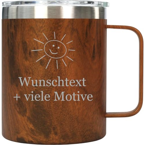 Edelstahl Tasse in Holz Optik 300 ml mit Gravur und Motiv – personalisierte Isoliertasse für Kaffee, Tee, Heißgetränke, doppelwandig, Deckel und Trinköffnung, Mehrwegbecher