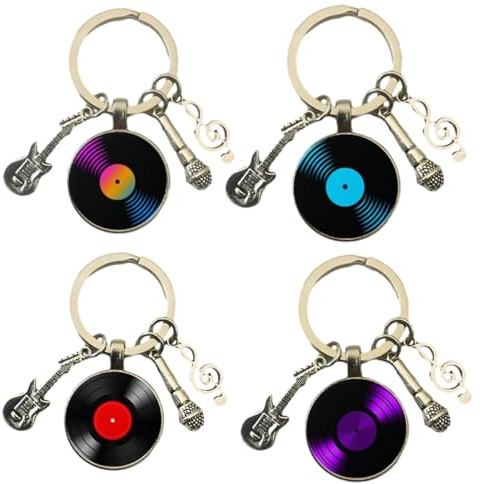 IFUDE Retro Vinyl Schallplatten-Spieler Schlüsselanhänger Personalisiert Gitarre Taschenanhänger 4 Teilig Set Musikliebhaber Geschenk CD Cabochon Schlüsselring