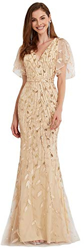 Ever-Pretty Vestidos de Fiesta Mujer Largo Tul Lentejuelas Escote V A-línea Elegantes Oro 46