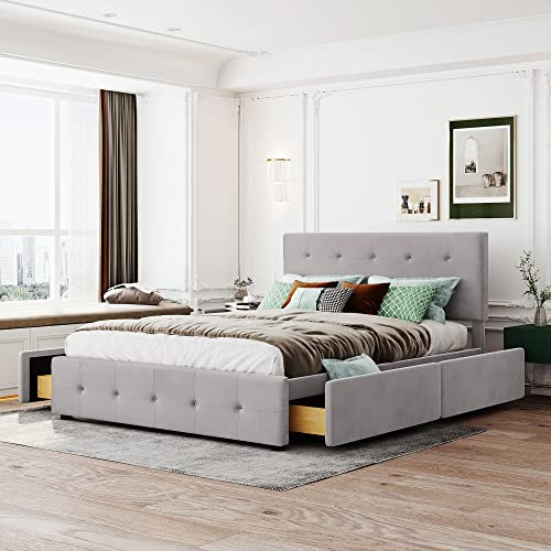 LATICO Polsterbett 140x200 cm, Doppelbett mit 4 Schublade, Bett mit Rückenlehne und Lattenrost, Kopfteil Rückenlehne, Modernes Bettgestell, Jugendbett Gästebett, ohne Matratze, Samtstoff Grau