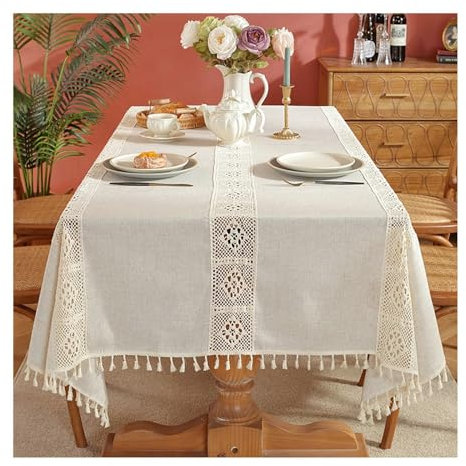 Gualiy Tischdecken Quadrat, Tischdecken 140x300CM Polyester Tischdecke Abwaschbar Esszimmer Stricken Plaid mit Quasten Tischdecke für Couchtisch, Beige