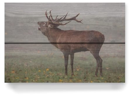 artboxONE Holzbild 30x20 cm Natur Hirsch im Nebel von Künstler Die Welt Tanzt Farben