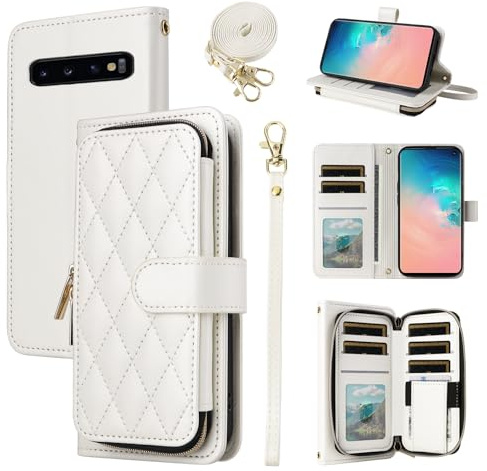 ELISORLI Wallet Case for Samsung Galaxy S10 with Wrist Strap, Crossbody Shoulder Strap, 9+ Card Slots Zipper Purse Luxury PU Leather Stand Cell Phone Cover for S 10 Edge 10S GS10 X10 Women White