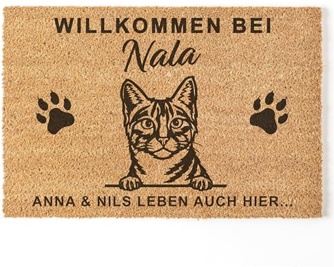 DEL MÀ Unique & Personal Fußmatte Katze personalisiert für Innen aus Kokos Einweihungsgeschenk Wohnung Geschenk zum Einzug Kokosmatte Fußabtreter 60x40 cm