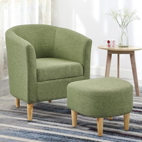 LEUTED Sessel Wohnzimmer, Ohrensessel mit Hocker Grün, gepolsterter Fernsehsessel Leinenstoff Lesesessel bequem, bequemer Einzelsofa Releaxsessel Clubsessel für Schlafzimmer, Wohnung, Büro