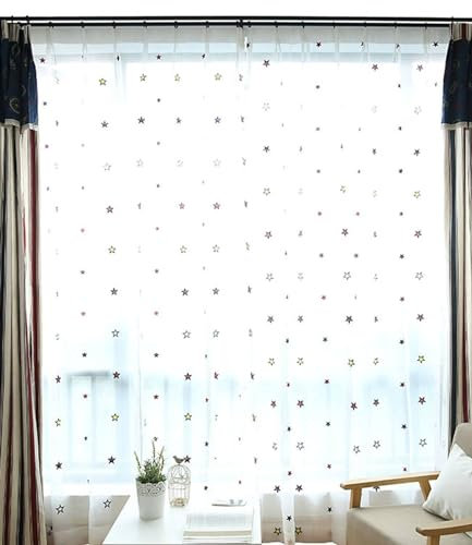 Mesnt Halbtransparente Gardinen Vorhänge, Fenster-Voile-Vorhänge mit Sternen-Stickmuster für Schlafzimmer und Wohnzimmer, Weiß, 137 x 244 cm