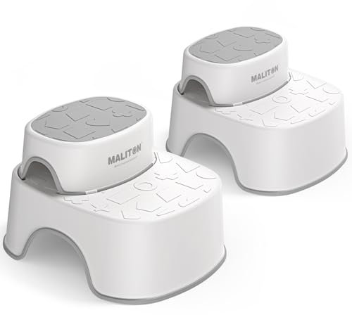 Maliton 2er Pack Tritthocker Kinder, Kinderhocker Hocker Bad 2 Stufen mit Anti-Rutsch-Füßen und Trittstufen, Bad, WC, Waschbecken, stabil & leicht für jeden Raum geeignet, Weiß-grau