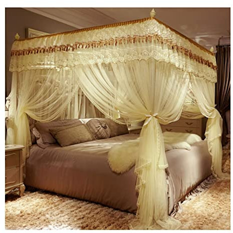 Luxus-Betthimmel-Moskitonetz, 4 Eckpfosten, Prinzessinnenbett, Bettvorhang, Schlafzimmerdekoration, Spitze, bestickte Tagesdecke (Farbe: Gelb, Größe: 200 x 220 cm/79 x 87 Zoll)