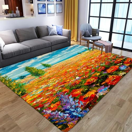 3D Gedruckt Bettvorleger Rutschfeste Area Teppich, Ölgemälde Mit Roten Pflanzen Und Blumen 3D Optische Illusion Teppiche Weich Flanell Bodenteppich Wohnzimmer Schlafzimmer Throw Runner Teppich -9T5K2U