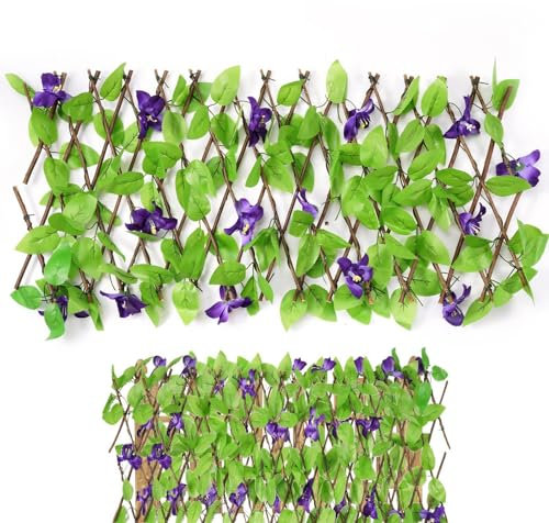 Expanding Garden Trellis Panels 6ft X1.3ft, Artificial Hedge Screening with Flowers, Expandable Garden Fence Screening, Decorative Faux Ivy Leaves Expandable Fence Privacy Screen