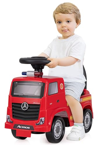 GYMAX Camion dei Pompieri Cavalcabile per Bambini, Girello Spingibile con Schienale, Clacson e Musica, Spazio di Stoccaggio sotto il Sedile, Giocattolo per B