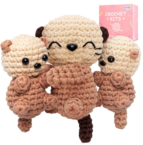 Mewaii Häkelset für Anfänger, 3er-Pack Seeotter Bastelset | 40 % extra Garn, Video-Tutorial, vorgestartetes Stück, Anfängerfreundlich, Familien-Bastelgeschenk für Erwachsene und Kinder