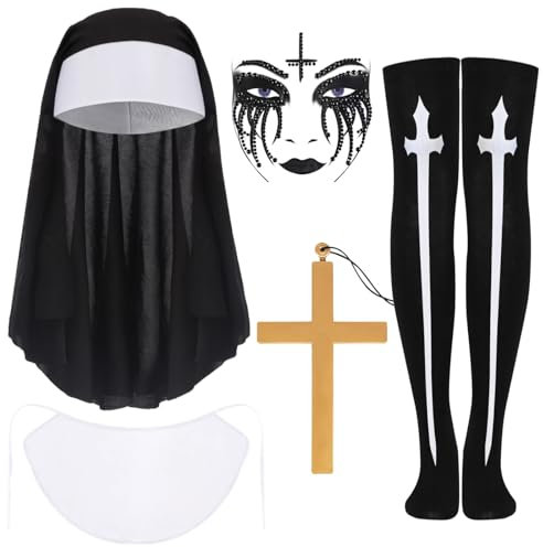 IWTBNOA Nonne Kostüm Damen 6 Stück, Kostüm Nonne Zubehör mit Nonne Kopfbedeckung, Kragen, Kreuzkette, Tattoo Glitzersteine Gesicht, Hohe Socken, Halloween kostüme Frauen für Fasching Cosplay