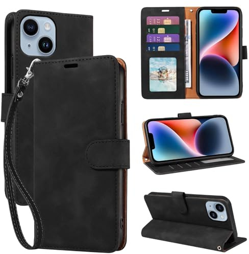 GOTOURED for iPhone 14 Phone Case Wallet, RFID Blocking Card Holder, Black | 4 Card Slots, Wrist Strap, Soft PU Leather Flip Cover, Kickstand, Cash Pocket, Magnetic Closure, TPU Shell Protective