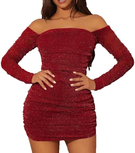 MOEENCN Kvinnor nätklänning glittrande långärmad fyrkantig krage veckad bodycon klänningar fest nattklubb kläder, Vinröd, M