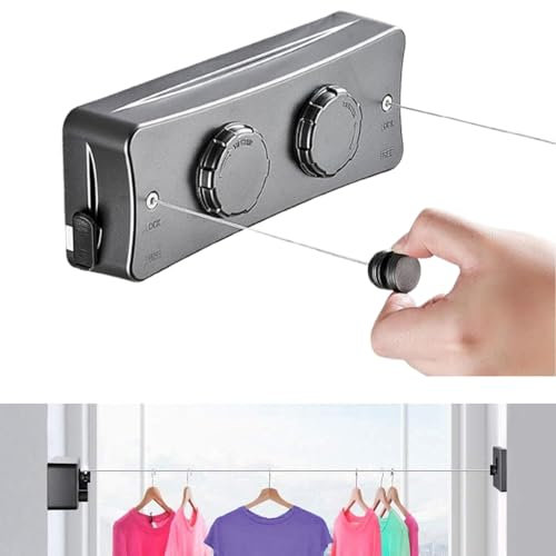 JINYOMFLY Stendibiancheria Retrattile, Acciaio Inossidabile Corda da Bucato Riavvolgibile 2 x 5,1M, Corda Stendibiancheria Estensibile, Corda per Biancheria Retrattile, per Interni/Esterni