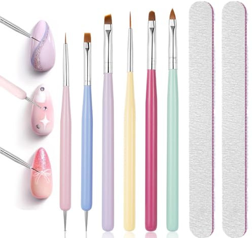 Pinceau Nail Art Ongles, 6 Pcs Pinceaux Ongles, Pinceaux Pour Nail Art Set Pinceaux à Ongles Pinceaux avec 2 Limes à Ongles