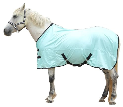 Gallopoff Fliegendecke für Pferde, atmungsaktive Sommerdecke mit UV-Schutz und Kratzschutz, mit verstellbarem Brustverschluss, Kreuzgurt und Beinschnüren Grün 115 cm