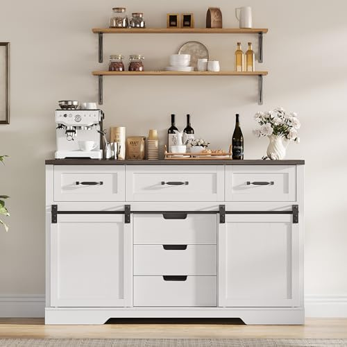 GAOMON Farmhouse 6 Drawers Dresser for Bedroom with Sliding Barn Doors, Wood Dresser & Chest of Drawers, Rustic Dresser TV Stand, Dresser Organizer for Bedroom, Living Room, White