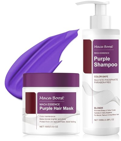 Maca Essenz Purple Haarmaske Purple Shampoo Set,Neutralisiert Gelbstich | Lila Kollagen Haarmaske Shampoo Set,Repariert Haarschäden,Nährt das Haar,für Blondes, Blondiertes, Graues Haar