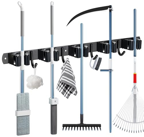 YOCOLE Besenhalterung Wand, 10 Halter und 8 Haken Gerätehalter Edelstahl Besen Mop Halter, Besenstielhalter Gartengerätehalter Wand Selbstklebend für Schrank Balkon Badezimme