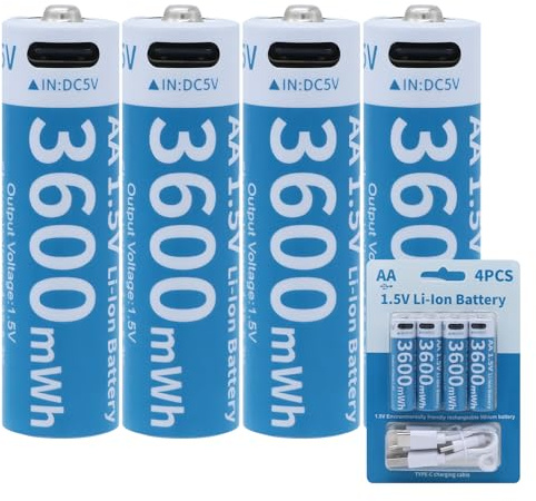 Tosiicop Lot de 4 piles AA au lithium rechargeables - 1,5 V 3600 mWh - Avec câble de charge USB-C 4 en 1 - Charge rapide 1 heure - Cycle 1500 - 4 pièces AA 3600 mWh