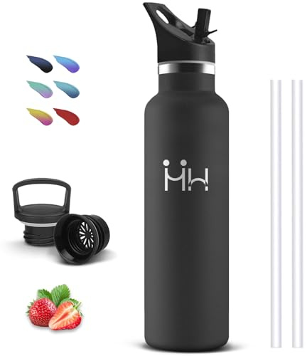 Botella Agua Acero Inoxidable, Botella Termica 1 litro, A Prueba de Fugas, Cantimplora con Pajita, sin Bpa, Acero Inoxidable 18/8, Garrafa Termica para la Cámping, Senderismo, Gimnasio, Correr, Yoga