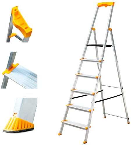 HOSTRÖM Escabeau 6 marches en Aluminium, Escabeau Pliable sécurisé, Porte-Outils, Marches Extra-Large 12cm, Usage Domestique et Pro, Garantie 5 Ans