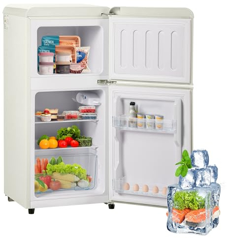 Merax Retro-Kühlschrank, Kühlschrank Klein mit Gefrierfach, Zweitürig, mit 60 Liter Gesamtvolumen, 22 Liter Gefriervolumen, 102 kWh/Jahr, -27°C ~13°C, LED-Licht, Cremeweiß