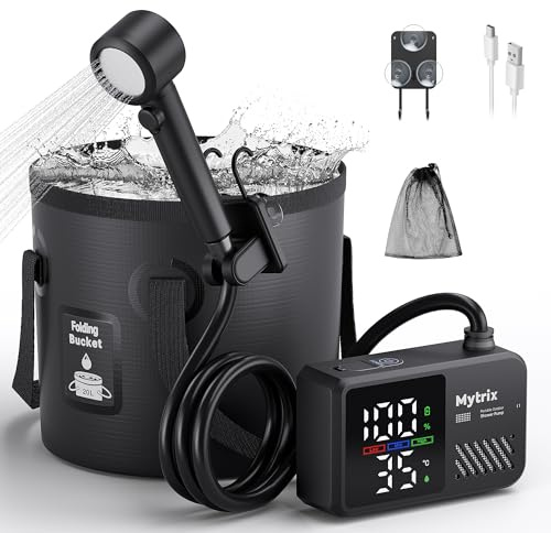 Mytrix Portable Camping Shower Pump with Foldable Bucket, 10L/Min High Flow, 7800mAh Rechargeable Battery, 4 Spray Modes, IPX8 Waterproof Outdoor Shower for Hiking, Travel & Pets, Black