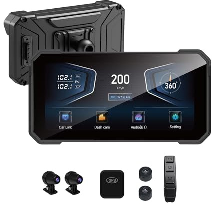 6.25 4K Dual Camera Motorcycle GPS Navigation with Wireless CarPlay Screen & Android Auto - Waterproof IPX6 for Motorbike Riders with TPMS & BT5.0