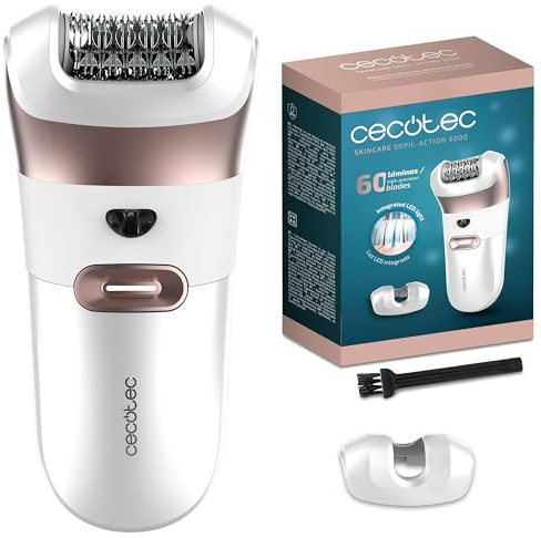 Cecotec Épilateur Électrique à Arrachement avec Accessoire pour Zones Sensibles SkinCare Depil-Action 6000. 60 Lames, Lumière LED, 60 minutes, Classification IPX5, Design Ergonomique, Indicateur LED