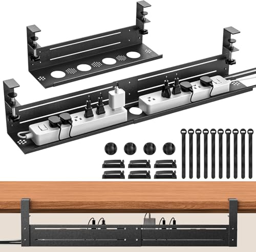 Strifuture Retractable Under Desk Cable Management - No Drill 46–73 cm Cable Management Tray with Clamp Mount, Desk Cable Tray for Office, Gaming,Standing Desks(Black)