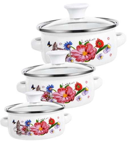 BAZEITFLOW 3 Pezzi Pentole Smaltate Mini per Zuppe e Cottura Veloce Pentola con Maniglia e Piatto Adatta Elettrici e Induzione Design Decorativo per Cucina