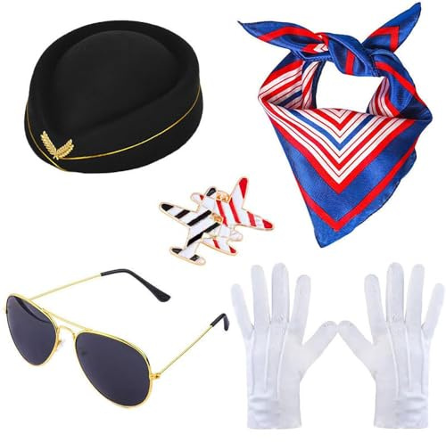 BWOOOWE Disfraz Piloto Avion Completo con Gorra Profesional Aviador Accesorios Conjunto Disfraz de Azafata Mujer Uniforme Aerolínea para Carnaval Fiestas Temáticas(Negro)