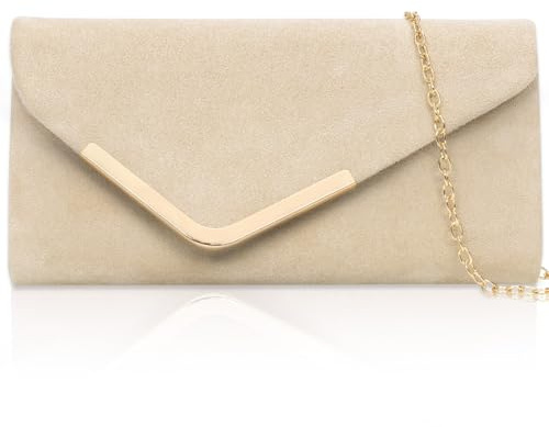 Larcenciel Clutch Apricot, Elegant Wildleder Handtasche mit Abnehmbarer Kette, Klassisch Samt Envelope Abendtasche, Mode Suede Velvet Umschlag Crossbody Umhängetasche für Hochzeit, Party, 22x11x5CM