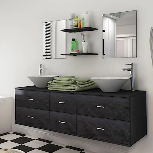 Bucmath 9-TLG. Badmöbel-Set mit Doppelwaschbecken, Keramik-Aufsatzbecken, 2 Spiegeln, Schwarz, Holzwerkstoff, 150x45x45 cm, inklusive 2 verchromten Armaturen, Wandmontage, Modernes Design