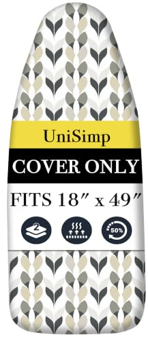 UniSimp Ironing Board Cover and Pad 18x49 Extra Thick Natural Cotton, Scorch and Stain Resistant Iron Board Cover, Wide Ironing Board Cover with Fasteners Heavy Duty Heatproof Elastic Edge Foliage