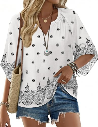 Zeagoo Womens Blouses Short Sleeve Tunic Tops Loose Bohemian Top Floral Printed V Neck Shirts Leinen Top