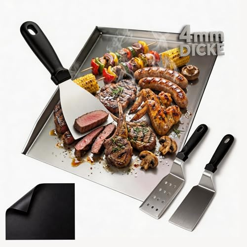 Casgee Massive 4mm Grillplatte Plancha aus Edelstahl 40x30 cm, 5-in-1 Profi BBQ Set mit 3 Grillspachteln & zuschneidbarer Grillmatte, Universal Grillzubehör für Gasgrill, Rostfrei & Spülmaschinenfest