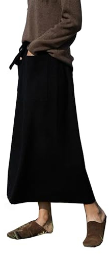 FM2018XSL Gonna Lana Lunga con Tasche Gonna Invernale Calda Elastico in Vita con Coulisse Comodo Gonne Plissettata (IT, Testo, M, Regular, Regular, Nero)