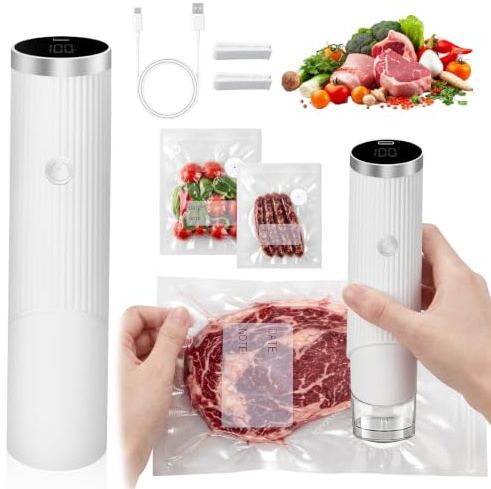Portable Handheld Vacuum Sealer – 60kPa Powerful Suction, Rechargeable with 30 Reusable Bags (S/M, 15 Each), Automatic Food Sealer for Food Preservation & Storage