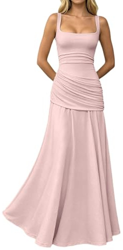 Robe de demoiselle d'honneur longue pour femme - Robe trapèze plissée - Robe de soirée élégante pour mariage - Robe de mariée sans manches - Robe de bal festive - Robe de cocktail, 05 Rose, M