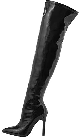 Talon Haut en Cuir laqué Doux Fermeture à glissière intérieure Élastique extérieur à la Mode sur Les Bottes Pointues Genou (Black, 38)