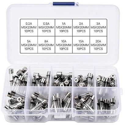 100Pièces Jeu de Fusibles en Verre à Fusion Rapide 5x20mm, Kit de Fusibles Tubulaires Assortis 250V avec Boîte de Rangement pour Appareils - 0,2A 0,5A 1A 2A 3A 5A 8A 10A 15A 20A