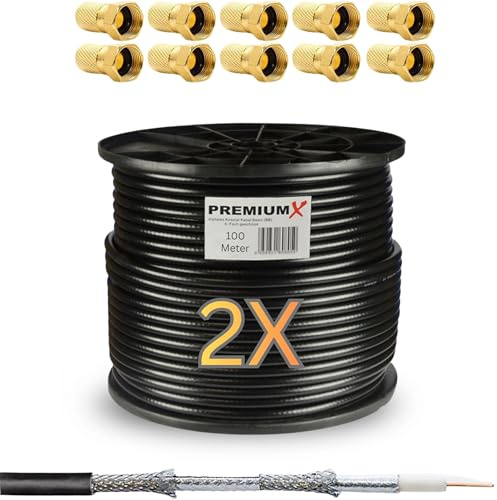 Premium X BASIC SAT Koaxialkabel 200m Schwarz - Stahl/Kupfer Innenleiter - 5-fach geschirmt - TV Antennenkabel für Innen & Außen (UV/wetterfest) inkl. 10x F-Stecker | HDTV · UHD · 4K · 8K
